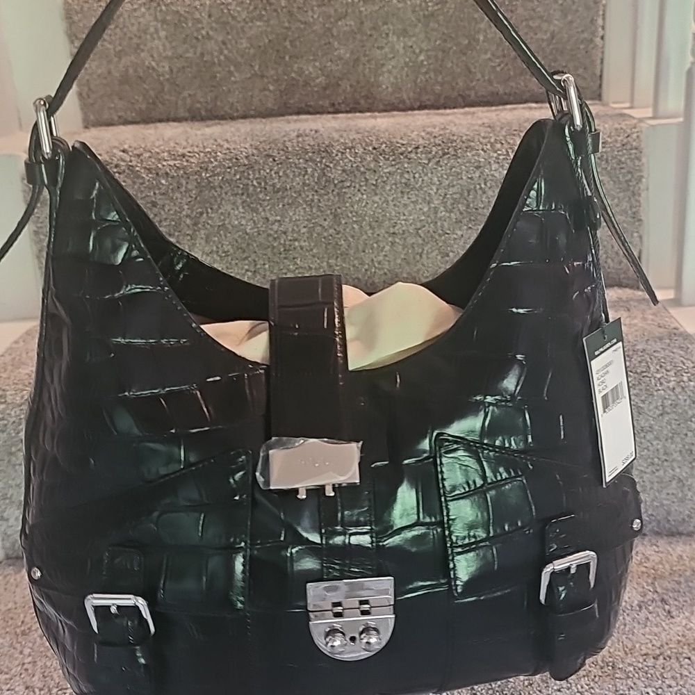 Lauren Ralph Lauren Black Croc-Embossed Leather Shoulder Bag - Picture 10 of 14
